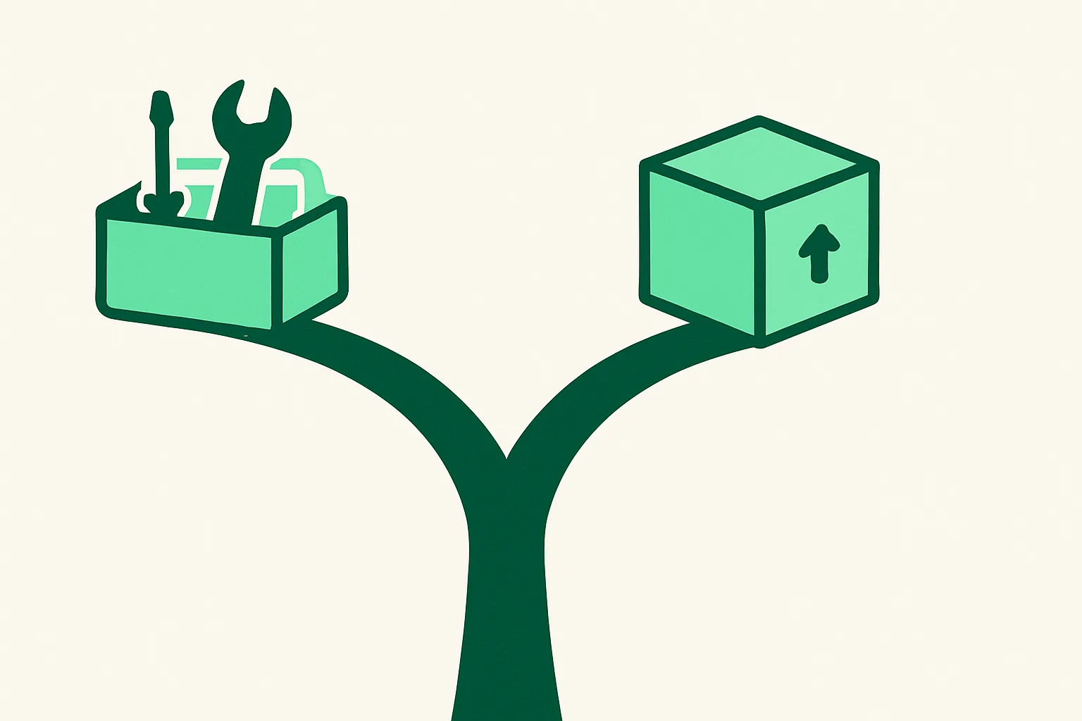 Illustration: a fork in a road with a build-it-yourself toolbox on one path and a ready managed box on the other, representing build vs buy WhatsApp AI
