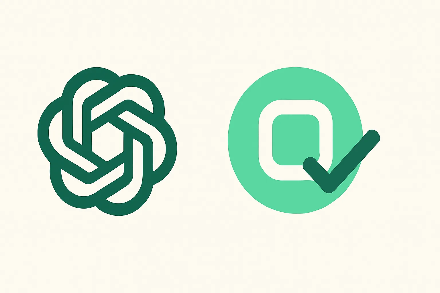 Illustration: two abstract company logos-as-shapes facing each other with a subtle checkmark on one, representing AI company comparison