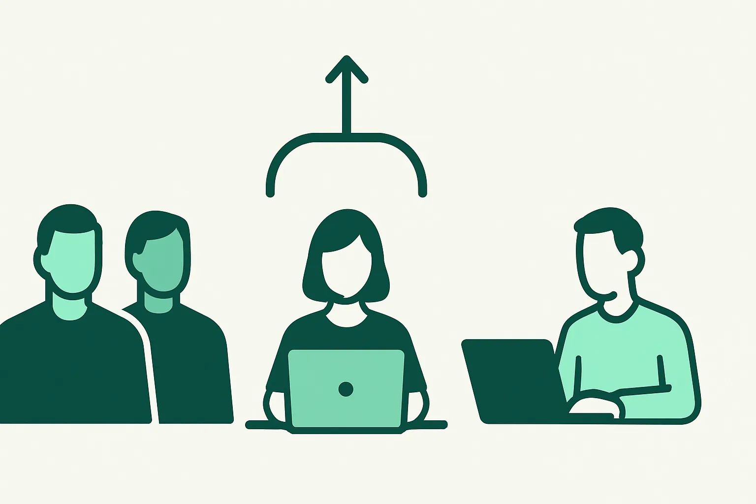 Illustration: three figures representing an agency team, a single in-house worker, and a lone freelancer, with a decision arrow above