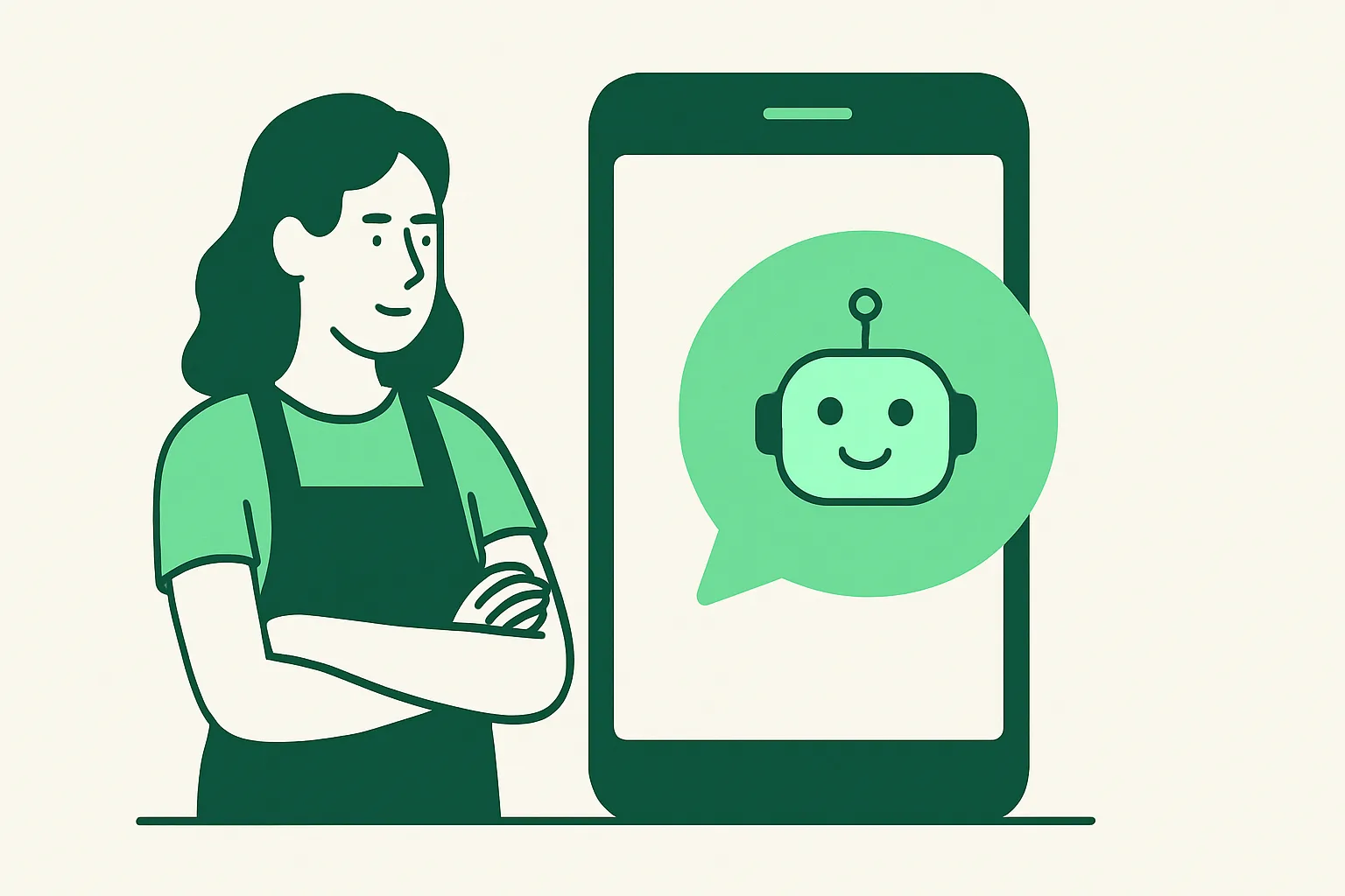Illustration: a small business owner beside a phone with a helpful chatbot bubble, best chatbot theme