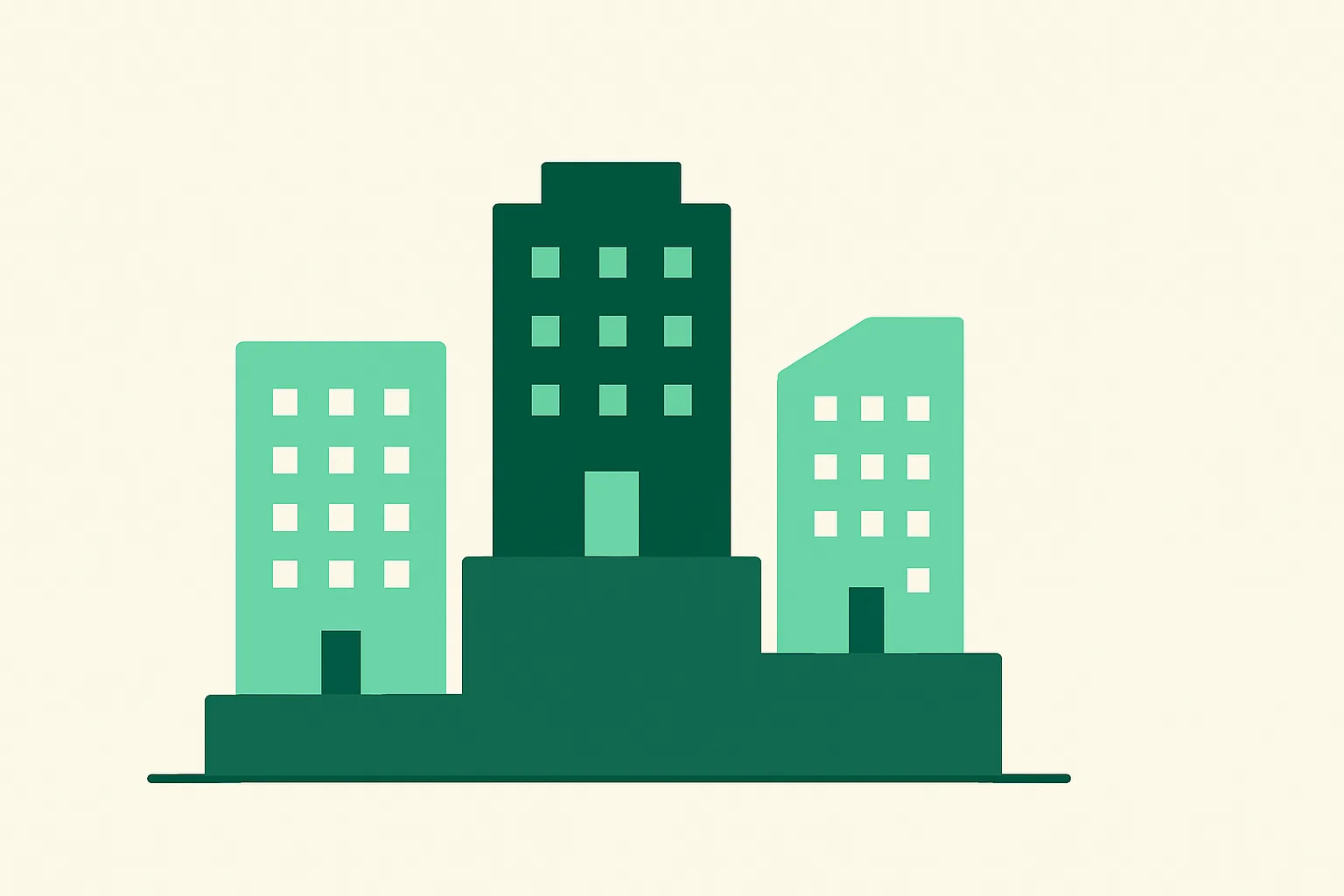 Illustration: a podium with three abstract company buildings ranked first second third, best AI companies theme