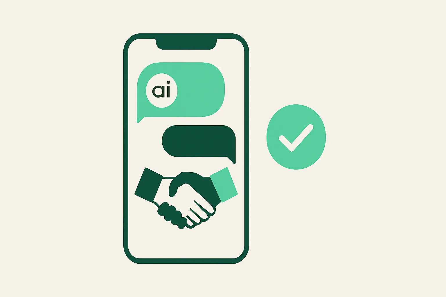 Illustration: a phone chat where an AI bubble leads to a handshake and a closed-deal checkmark, closing sales theme
