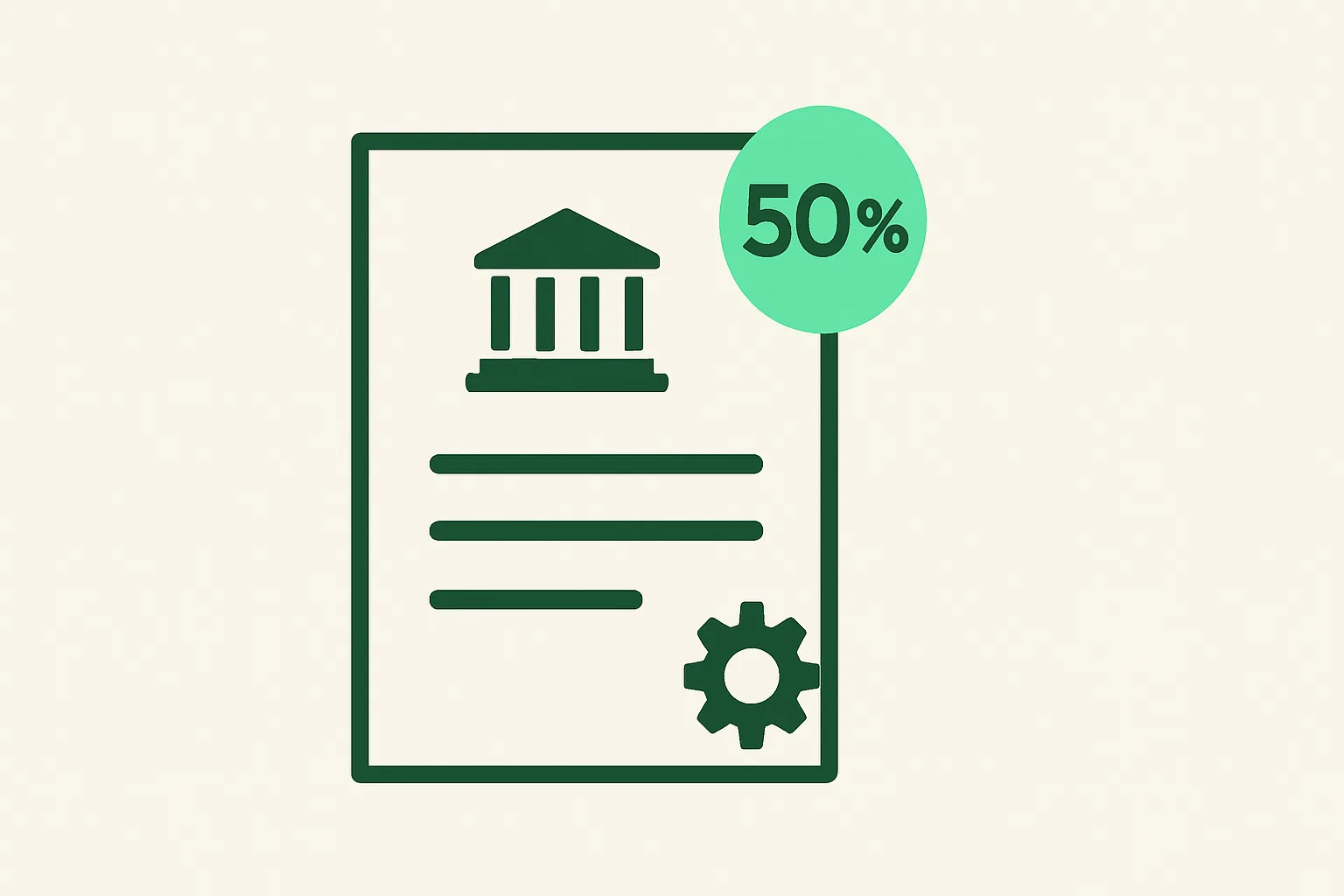 Illustration: a government grant certificate with a 50 percent badge and a small automation gear, PSG funding theme