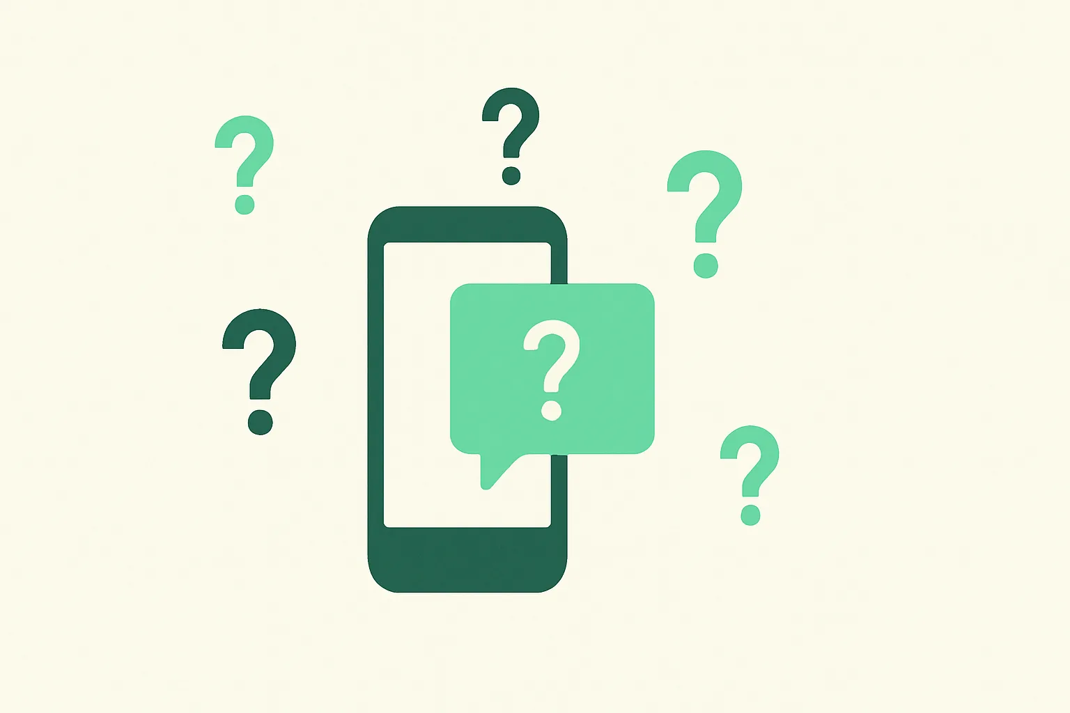 Illustration: a phone chat bubble surrounded by small forum-style question marks, community discussion theme