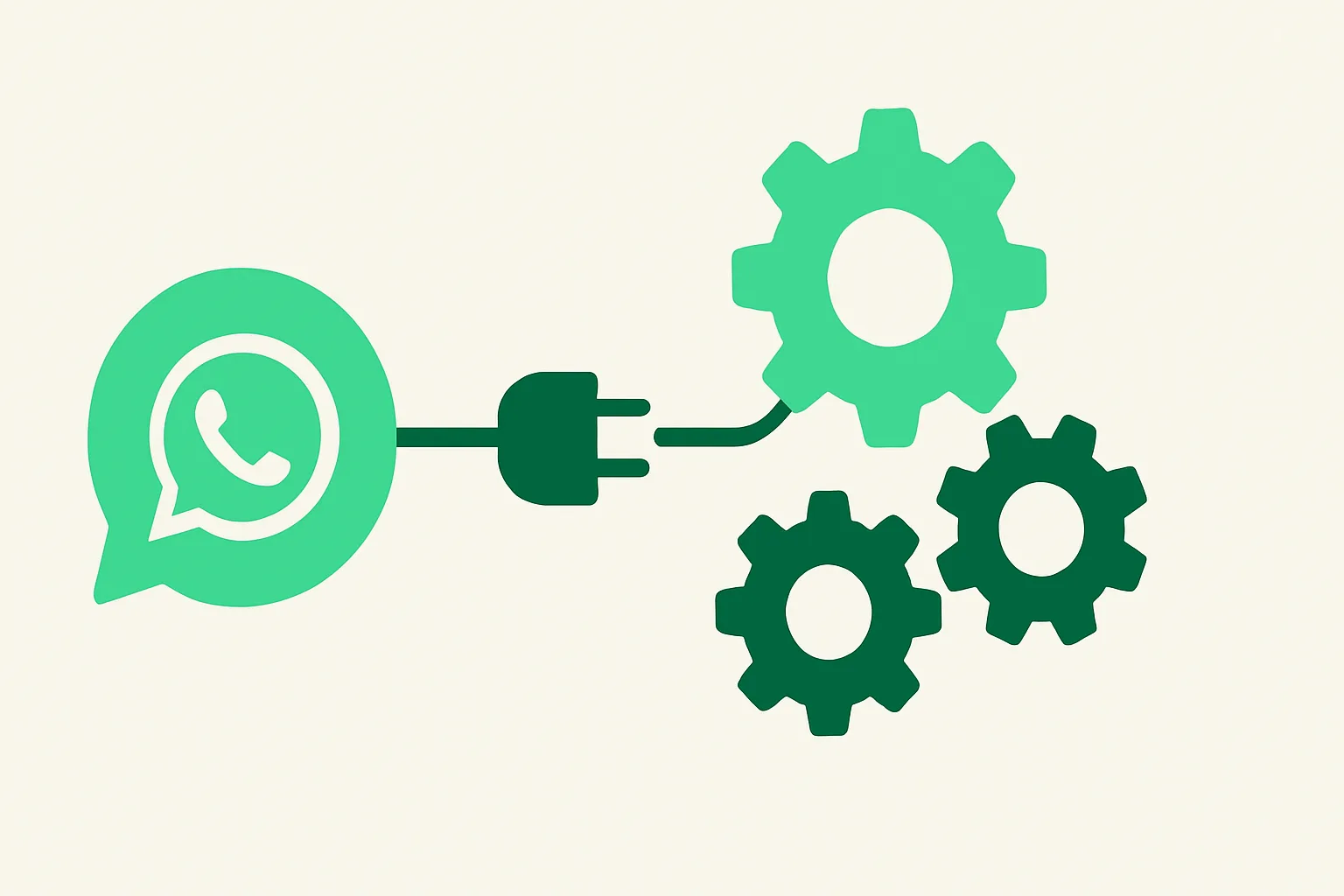 Illustration: a WhatsApp business icon connected by API plug lines to automation gears